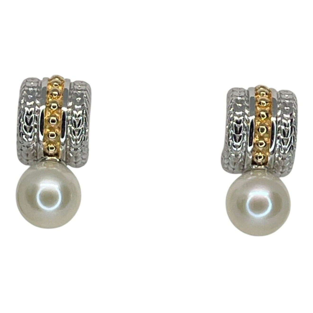 Pearl (7mm) Two Tone Huggie Hoop Earrings 14K Gold Vermeil Luxury Trendy Stylish