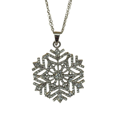 Silver Tone Crystal Snowflake Pendant Necklace 36” Christmas Holiday Stunning