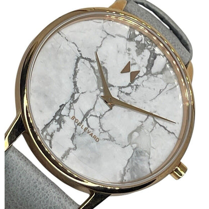 MVMT Gold Tone Stainless Steel Marble Watch Gray Leather Strap 38mm Chic Elegant