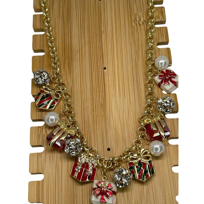 Gold Tone Faux Pearl Xmas Present Necklace Holidays Bow Elegant Chic Fashion NWT