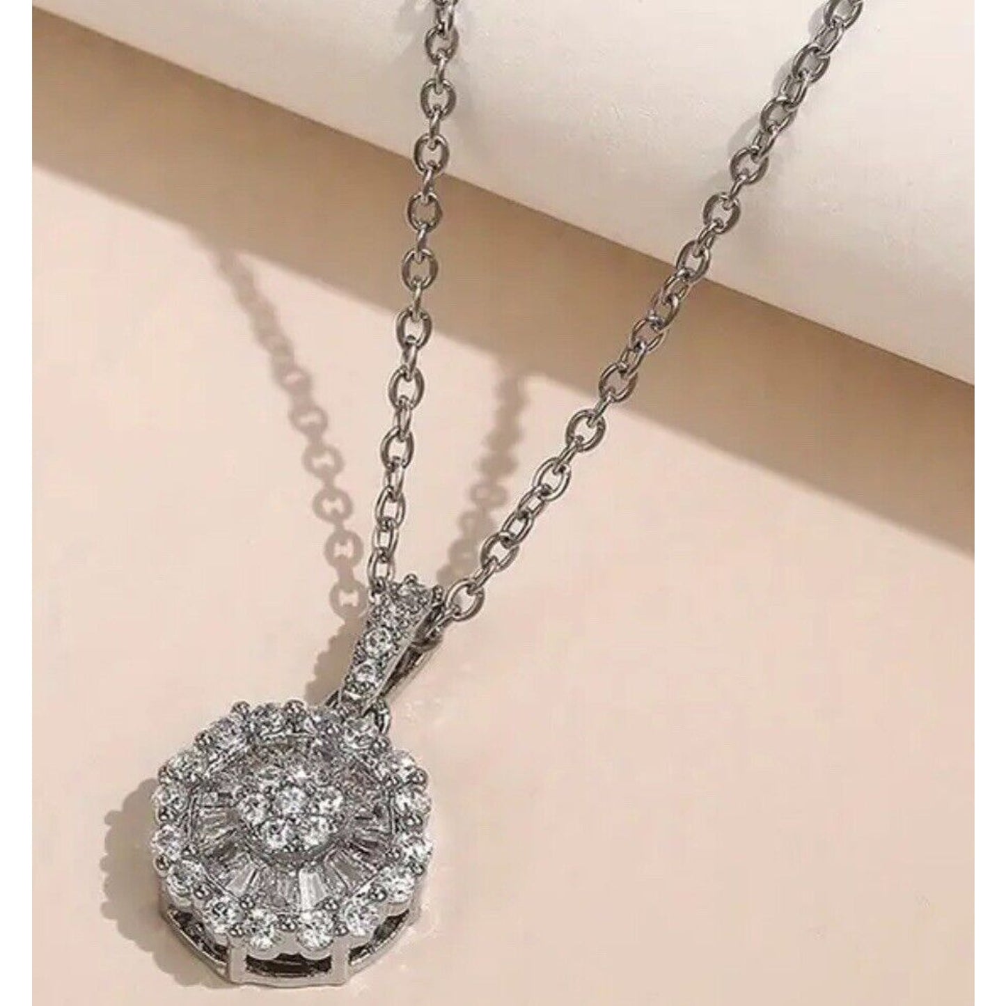 Silver Plated Crystal Halo Pendant Necklace Trendy Stylish Fashion Elegant Chic