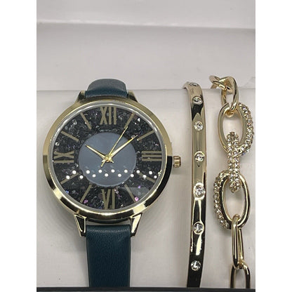 Gold Tone Faux Leather Watch Bracelet (3pc Set) Stunning Style Glitz Trendy Vday