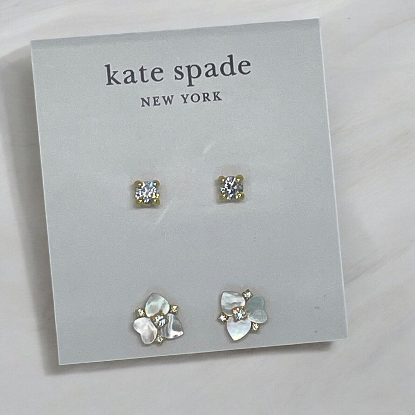 Kate Spade Mother Of Pearl CZ Pansy Earrings (2pc Set) Gold Tone Chic Trendy NWT