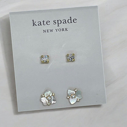 Kate Spade Mother Of Pearl CZ Pansy Earrings (2pc Set) Gold Tone Chic Trendy NWT