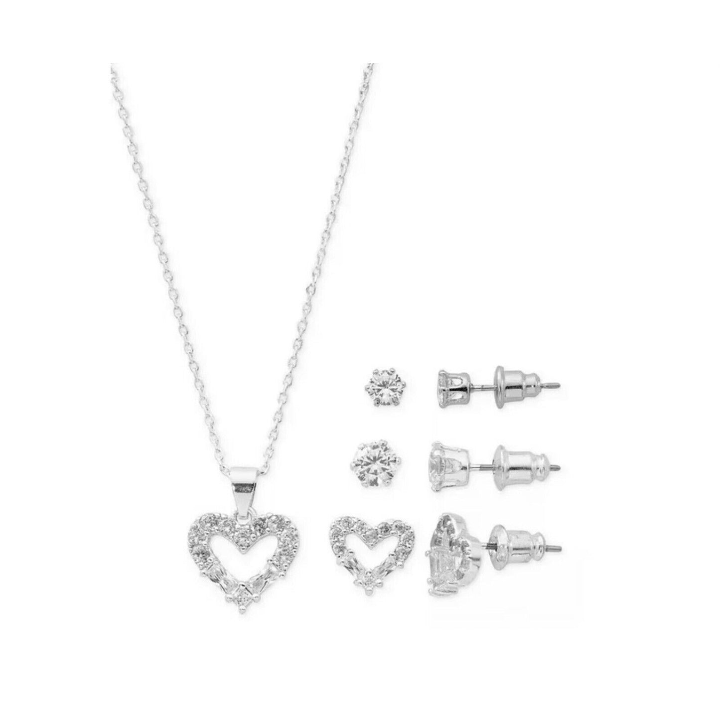 Silver Plated CZ Heart Necklace Earrings (4pc Set) Trendy Fashion Style NWT Vday