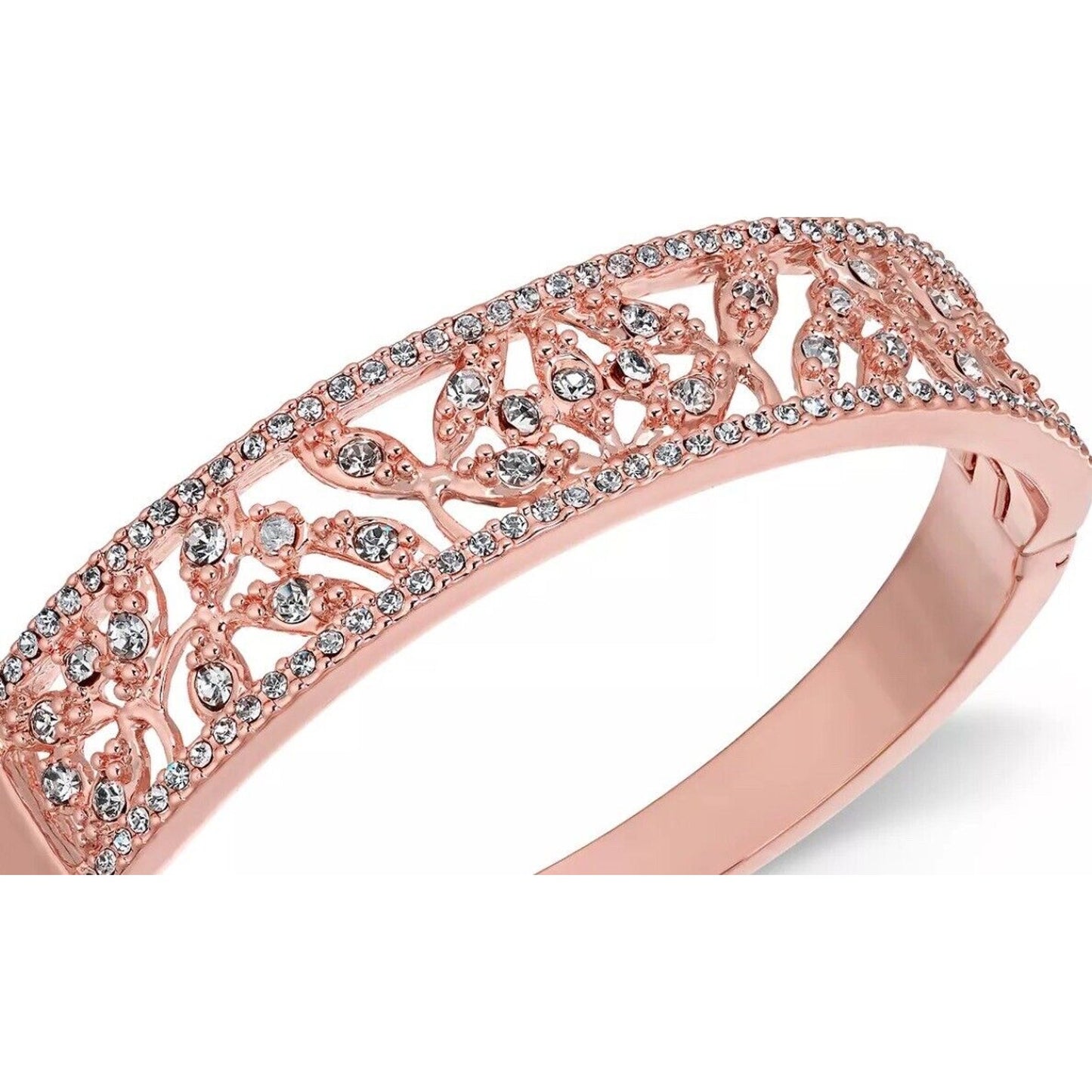 Rose Gold Tone Floral Crystal Bangle Bracelet Stunning Style Chic Fashion Shiny