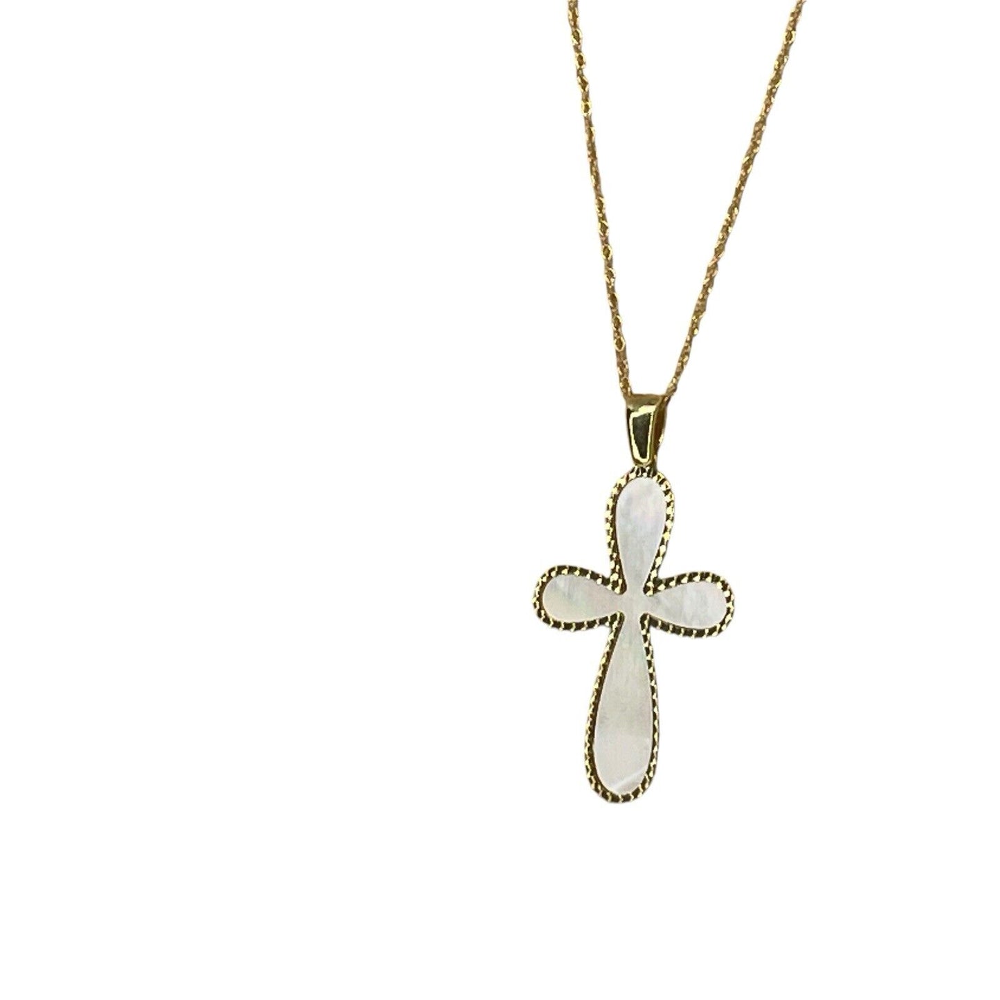 Solid 14K Gold Mother Of Pearl Cross Pendant Necklace Faith Fashion Stunning 18"