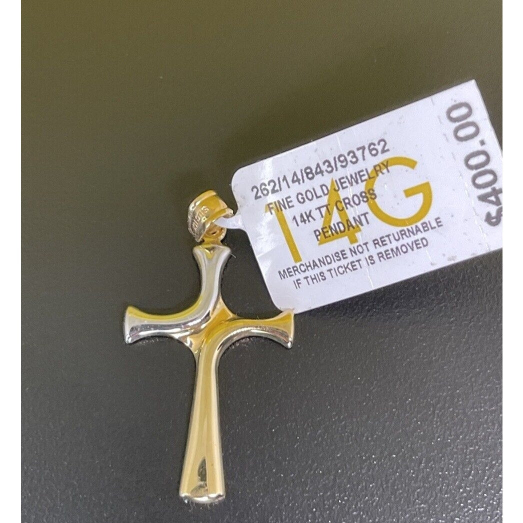 Solid 14K Gold Two Tone Cross Charm Pendant Faith Fashion Luxury Elegant NWT