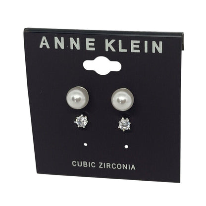 Anne Klein Silver Tone Faux Pearl CZ Earrings (2pc Set) Elegant Chic Trendy NWT