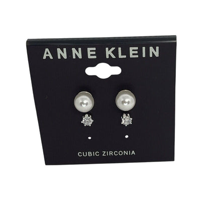 Anne Klein Silver Tone Faux Pearl CZ Earrings (2pc Set) Elegant Chic Trendy NWT