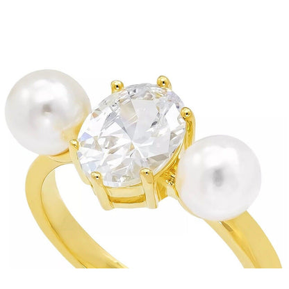 Gold Plated Double Faux Pearl CZ Ring (Sz 5) Stunning Stylish Fashion Trendy NWT