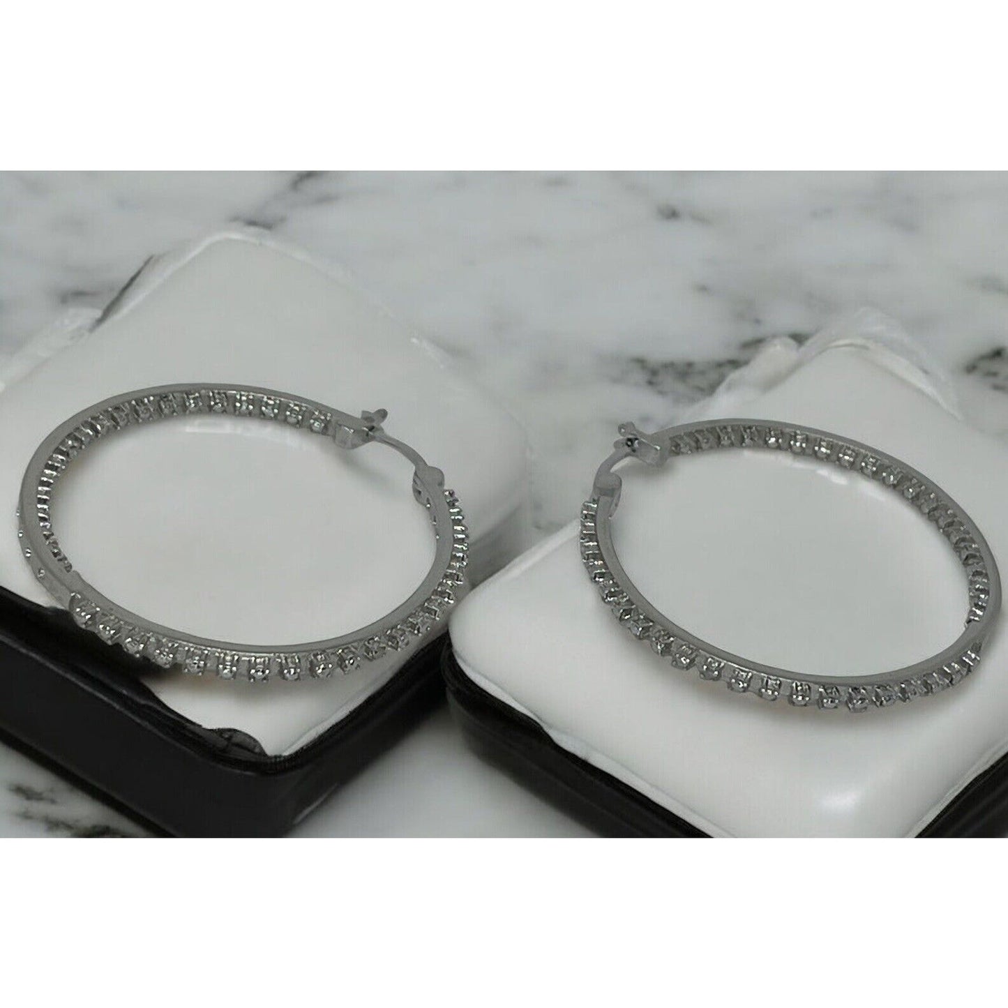 Diamond Accent Silver Plate Hoop Earrings Stunning Elegant Shiny Fashion Bling