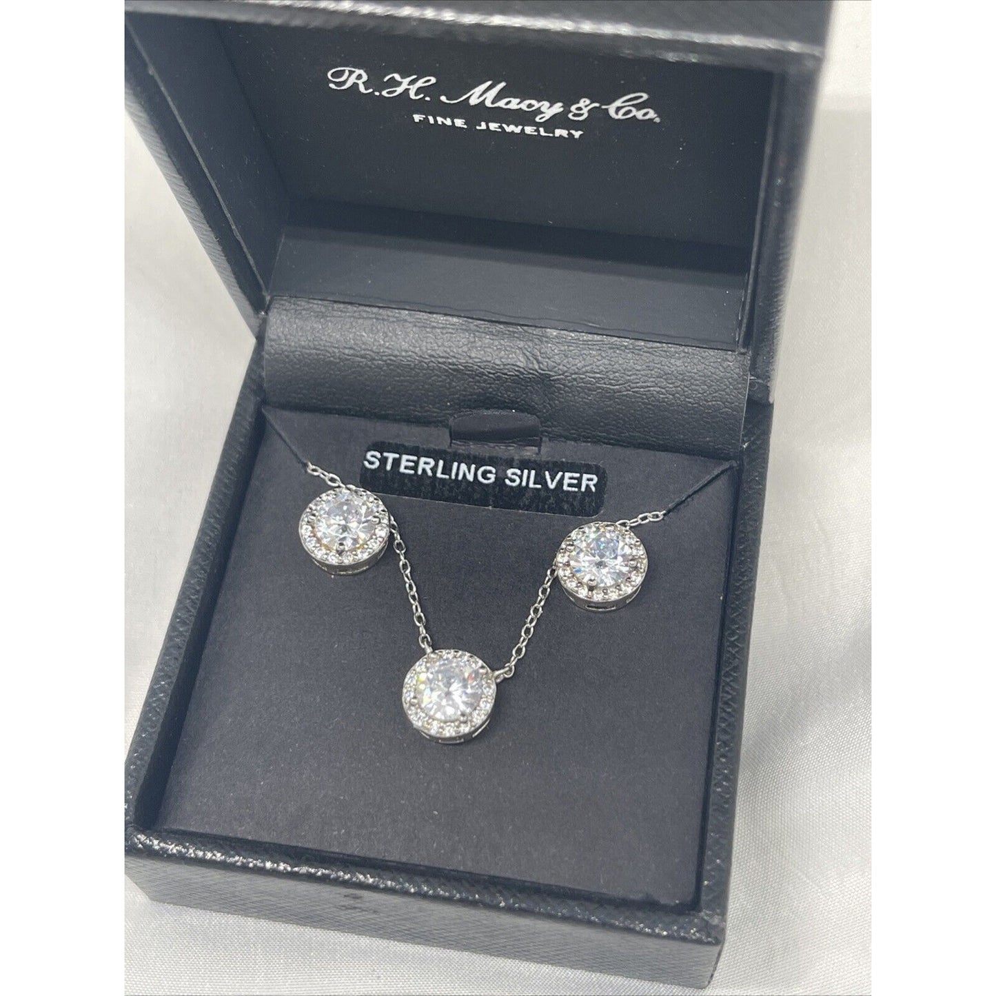 Sterling Silver CZ Halo Necklace Earrings (2pc Set) Stunning Chic Trendy Fashion