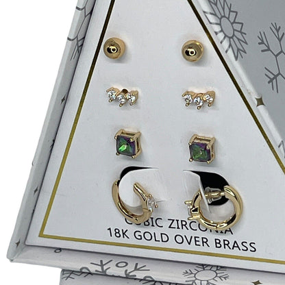 18K Gold Plate CZ Earrings 4pc Set Chic Xmas Ornament Box Fashion Stunning NWT