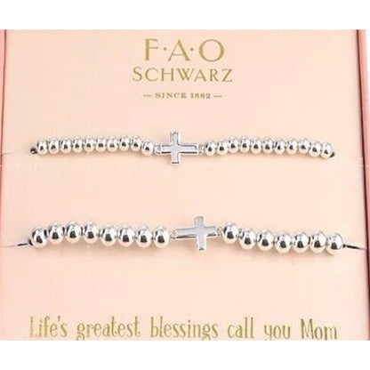 Silver Plated Mom Daughter Beaded Bracelet (2pc Set) Cross Charm Faith Minimal