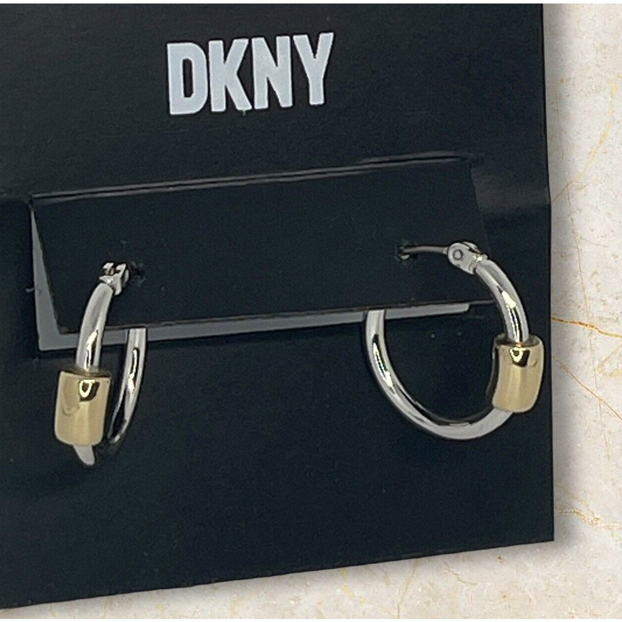 DKNY Two Tone Hoop Earrings Fashion Chic Minimal Shiny Trendy Style Cocktail NWT