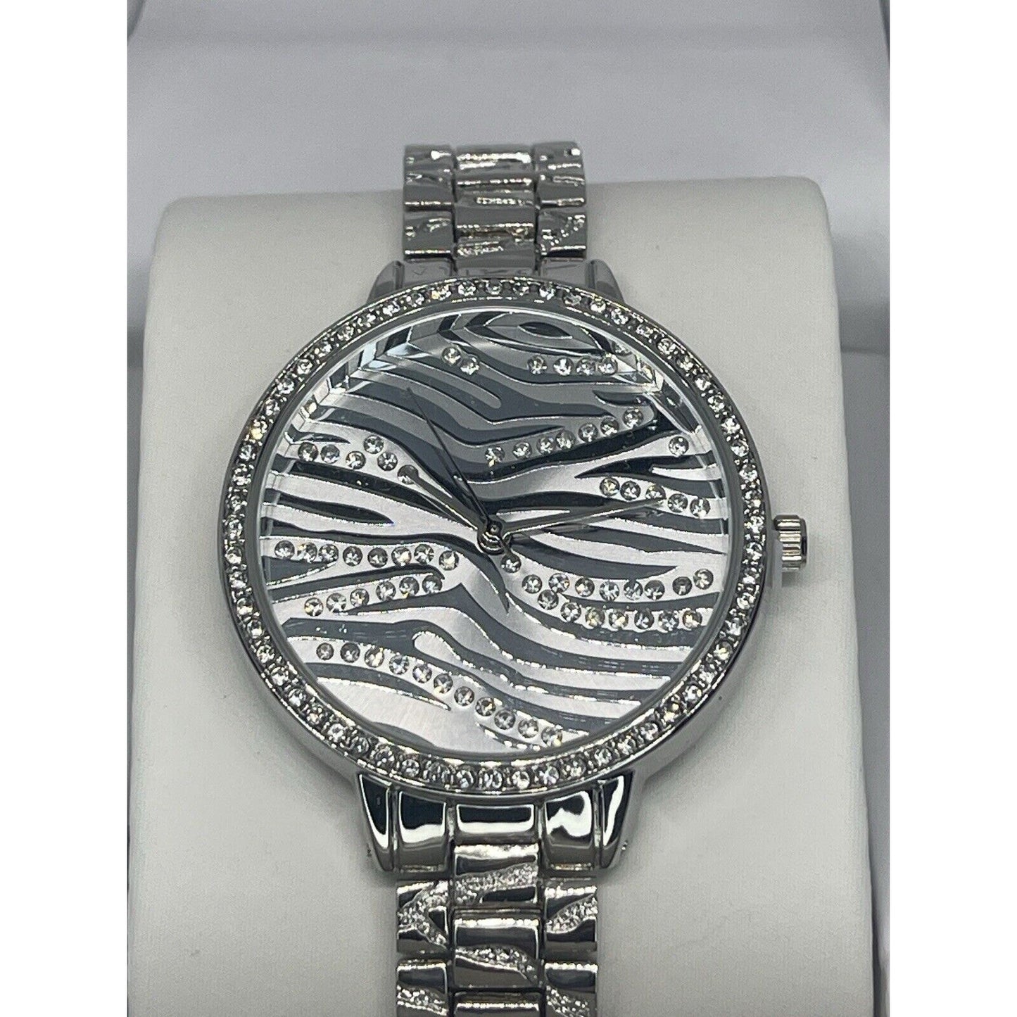 Silver Tone Crystal Bracelet Watch Zebra Print Stunning Chic Trendy Fashion Vday