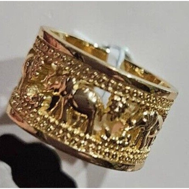 18K Gold Plated Open Work Elephant Wide Ring (Sz 7) Chic Intricate Animals NWT