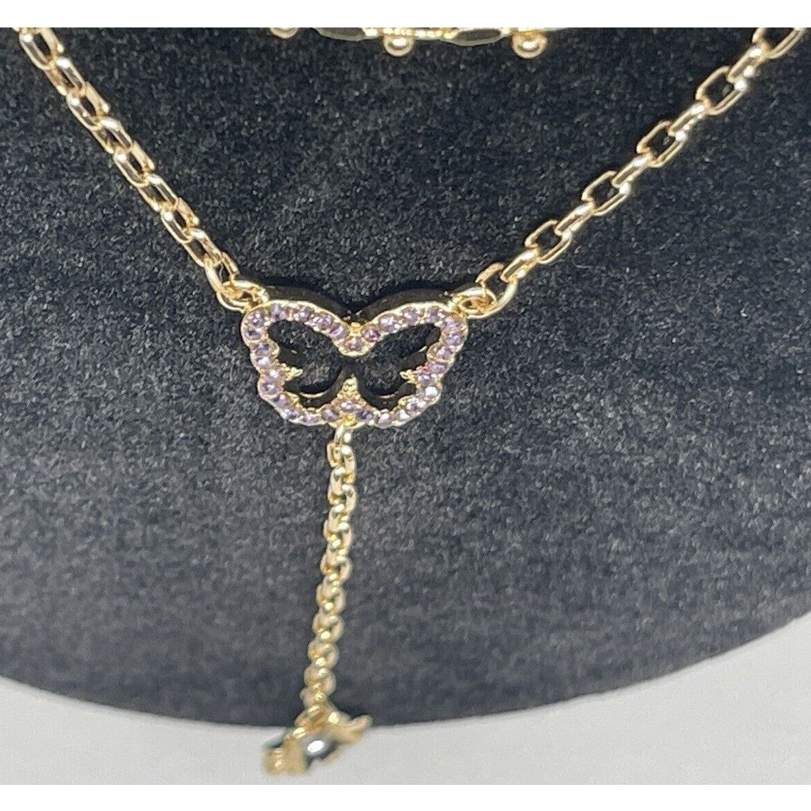 Guess Tanzanite Gold Tone Crystal Butterfly Necklace (2pc Set) Layered Chic NWT