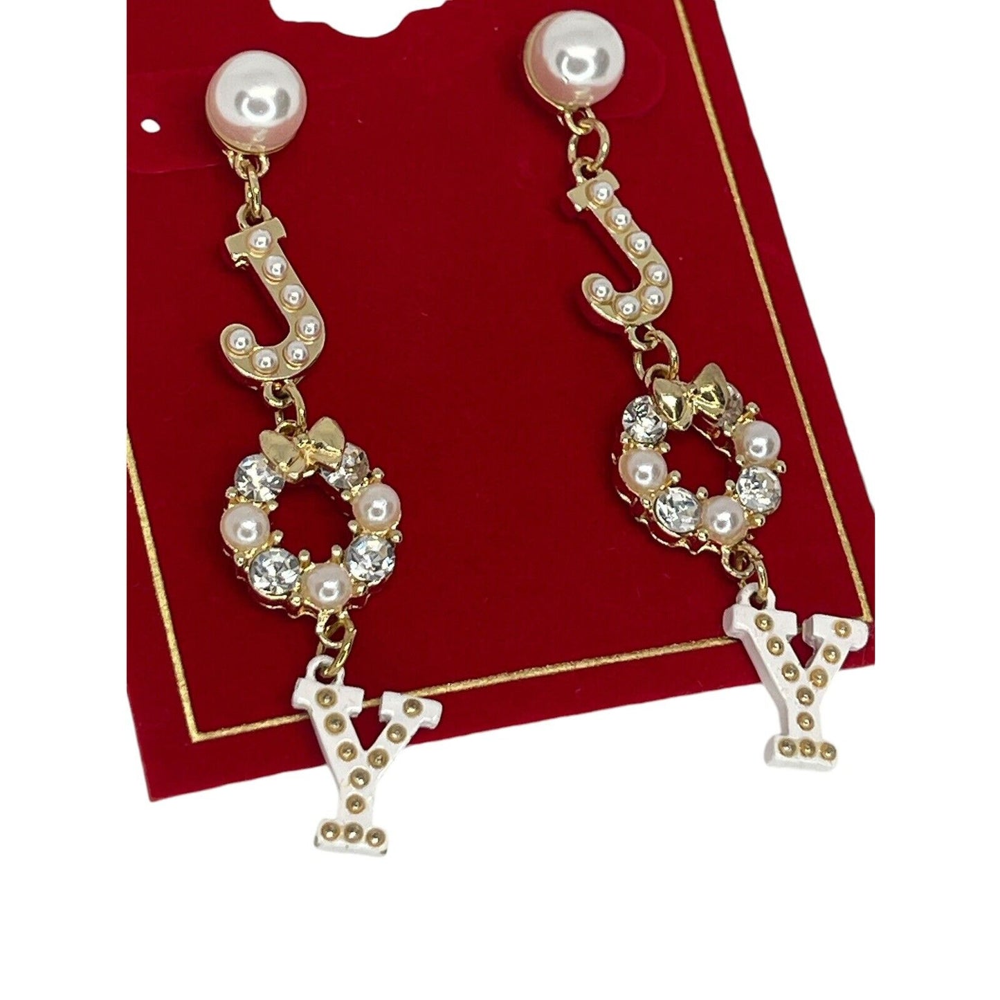 Gold Tone Crystal Faux Pearl Xmas Joy Earrings Elegant Bow Holiday Christmas NWT