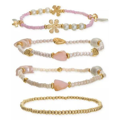 Gold Tone Faux Pearl Crystal Bracelet (4pc Set) Trendy Fashion Chic Stacking NWT