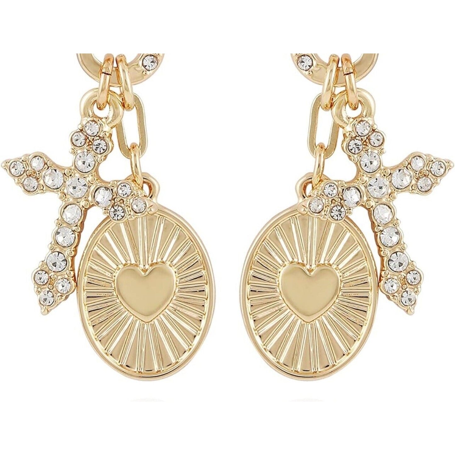 Guess Gold Tone Crystal Cross Heart Earrings Faith Charm Chic Style Trendy Vday