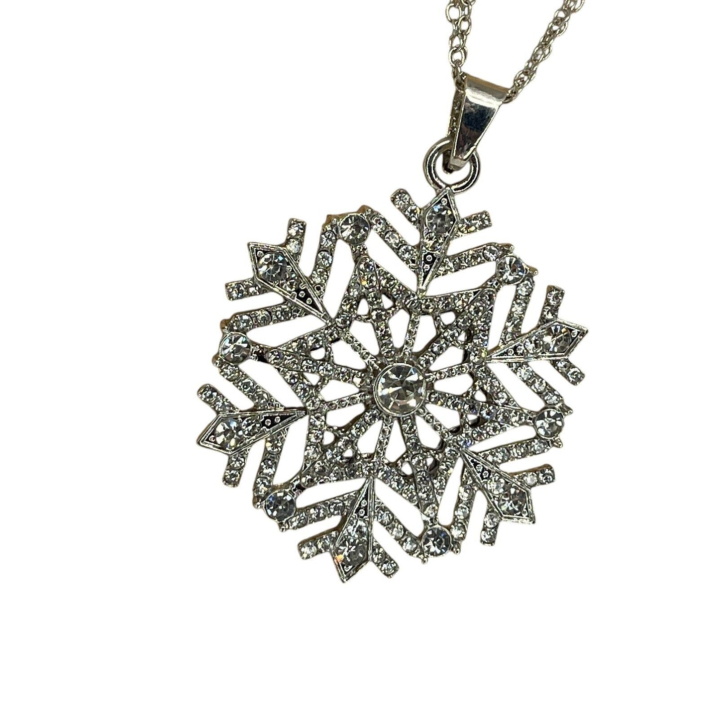 Silver Tone Crystal Snowflake Pendant Necklace 36” Christmas Holiday Stunning