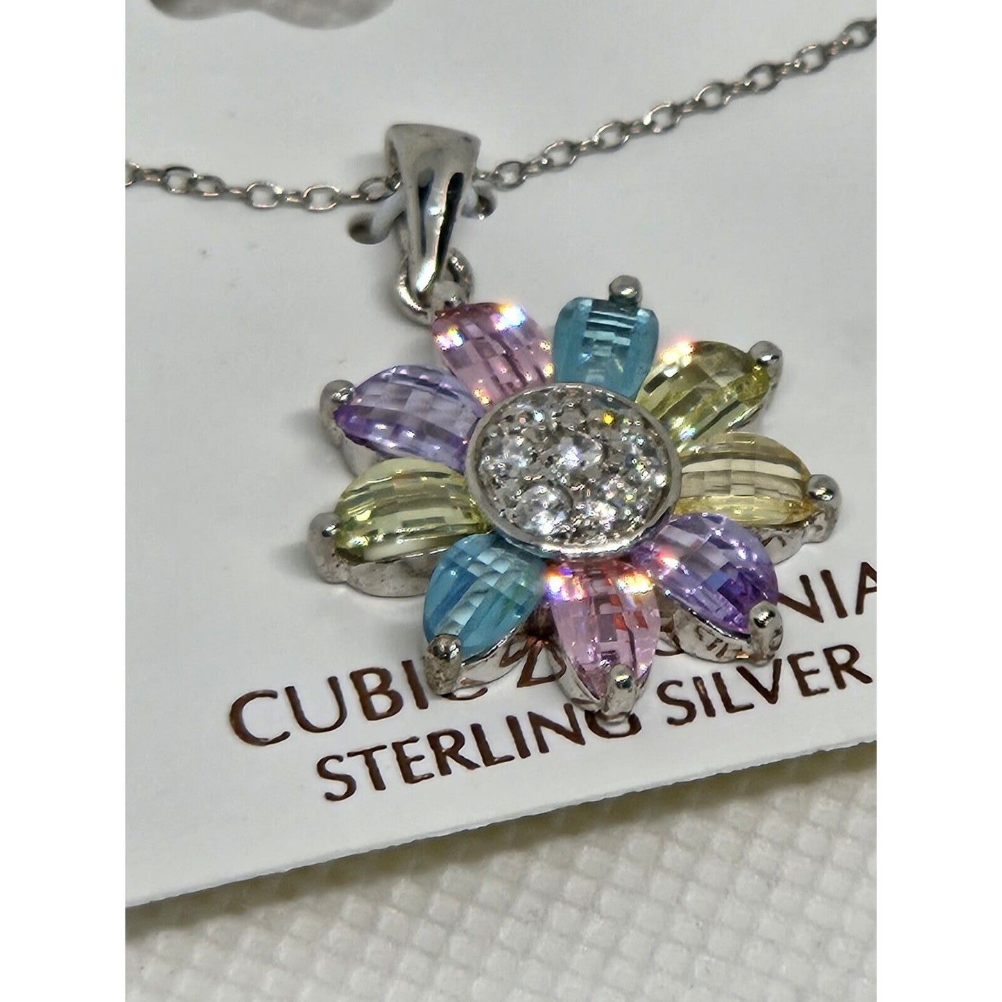 Sterling Silver Flower Pendant Necklace CZ Stunning Glitz Shiny Elegant Chic NWT