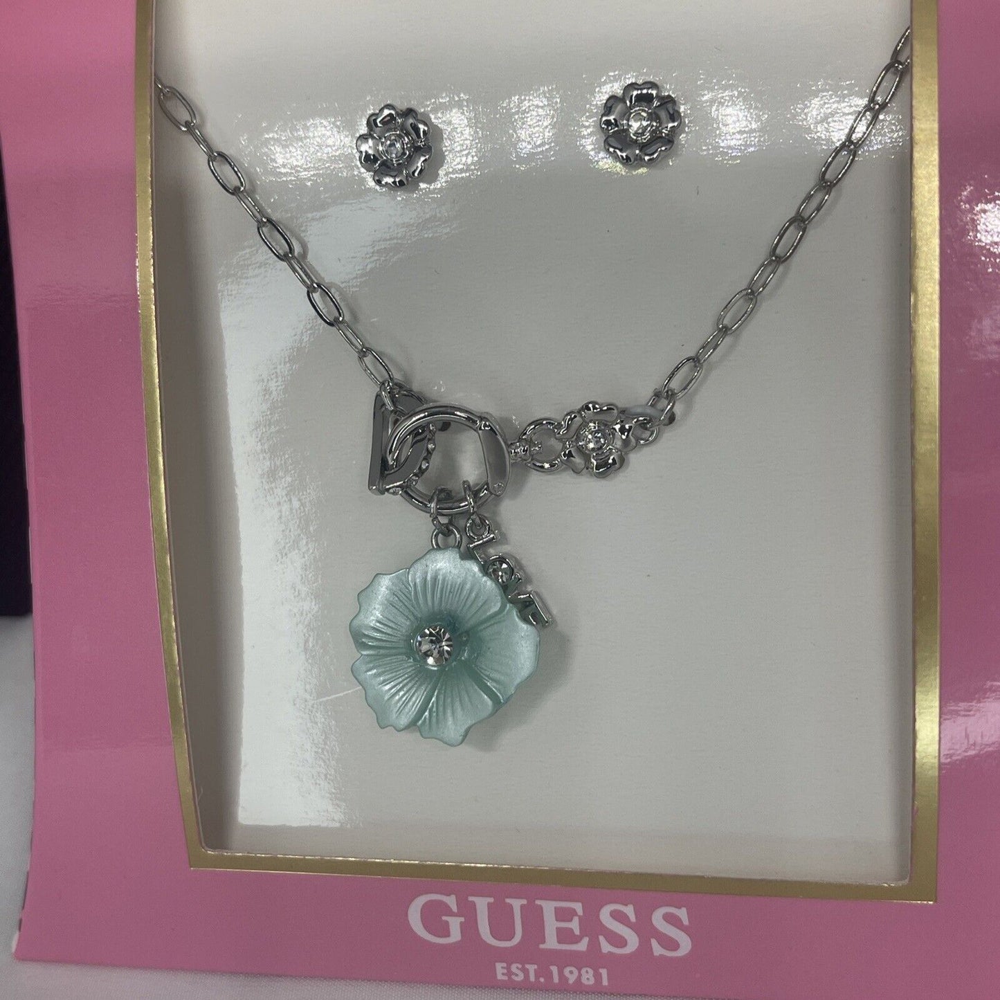 Guess Silver Tone Crystal Floral Necklace Earrings (2pc Set) Trendy Fashion Vday