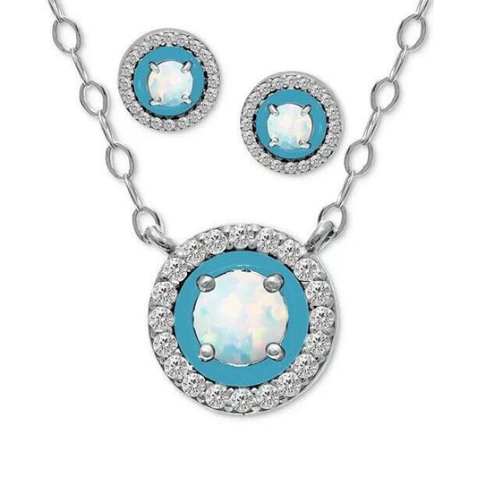 Sterling Silver Lab Opal Necklace Earrings (2 cts.) 2pc Set CZ Halo Chic Trendy