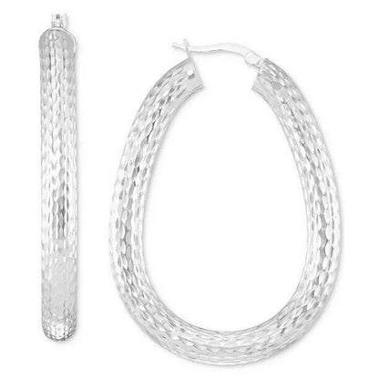 14K White Gold Vermeil Oval Hoop Earrings Stunning Textured Chic Elegant Fashion