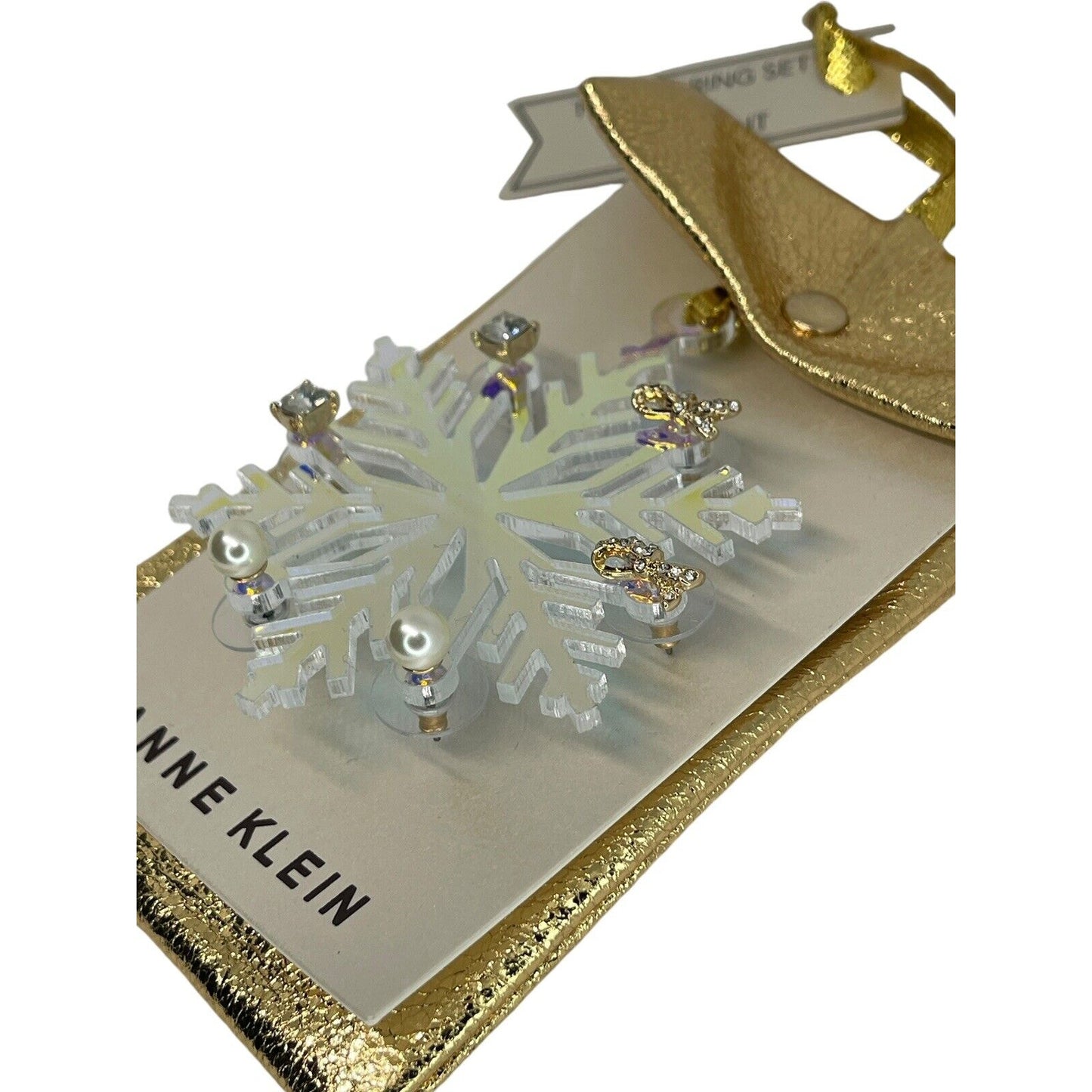 Anne Klein Xmas Gold Tone Earrings 3pc Set Snowflake Ornament Faux Pearl Bow NWT