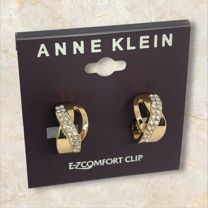 Anne Klein Gold Tone CZ Twist Clip On Earrings EZ Comfort Chic Style Trendy NWT