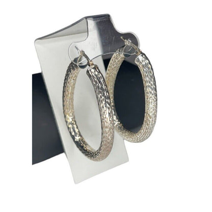 Sterling Silver Textured Oval Hoop Earrings Elegant Statement Stunning Fashion