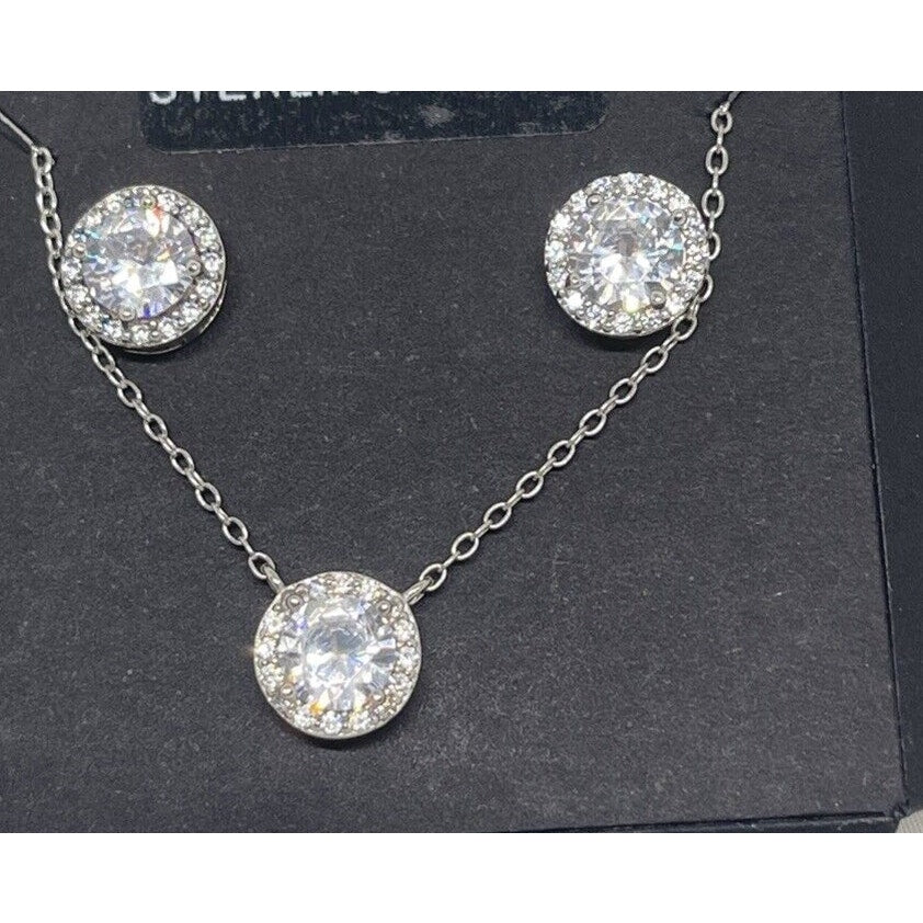 Sterling Silver CZ Necklace Earrings (2pc Set) Chic Glitz Trendy Stylish Vday