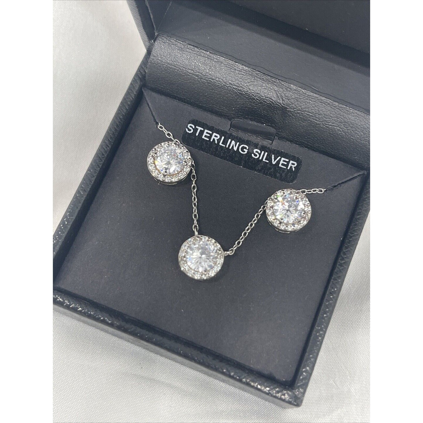 Sterling Silver CZ Halo Necklace Earrings (2pc Set) Stunning Chic Trendy Fashion