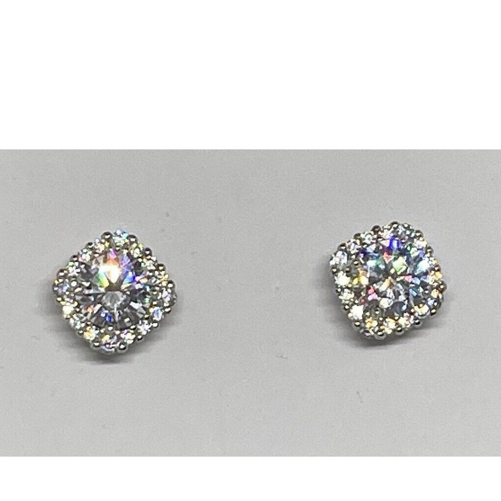 Sterling Silver Halo CZ Stud Earrings Glitz Fashion Chic Style Trendy Shiny NWT