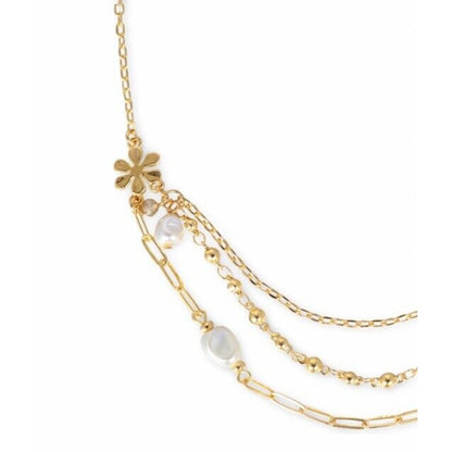 Gold Tone Faux Pearl Crystal Layered Necklace Floral Chic Trendy Stunning Style