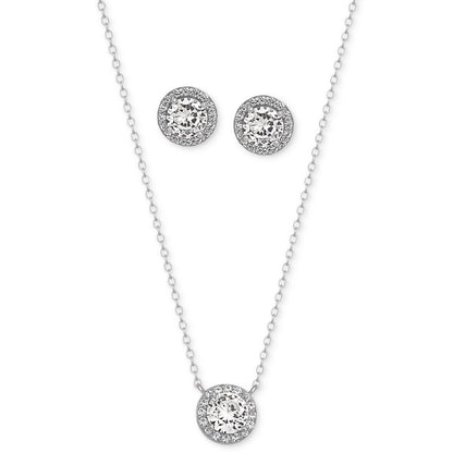 Sterling Silver CZ Halo Necklace Earrings (2pc Set) Stunning Chic Trendy Fashion