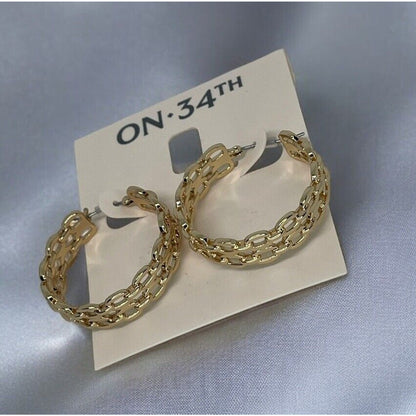 Gold Tone Chain Hoop Earrings Elegant Chic Style Fashion Trendy Ladies Jewelry