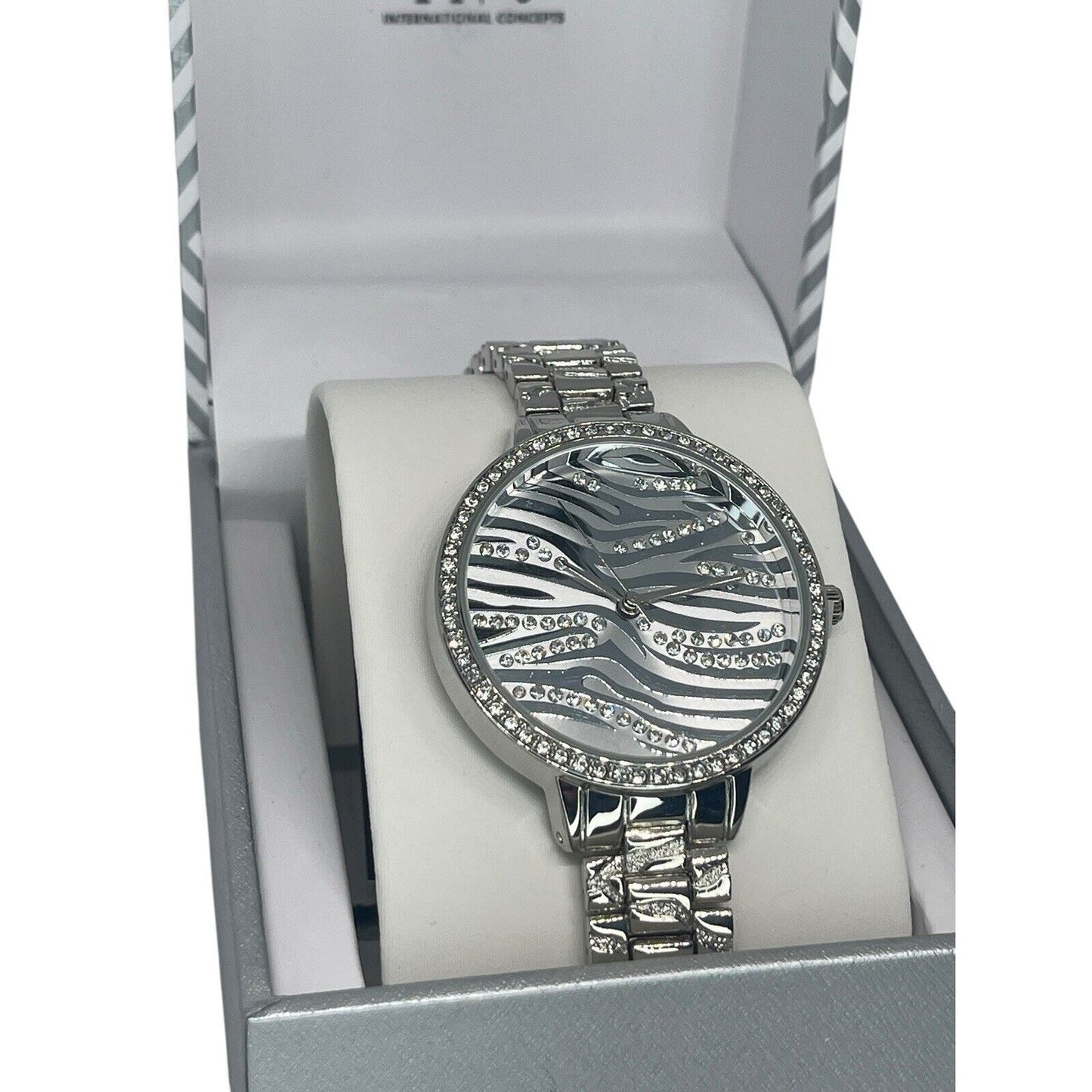 Silver Tone Crystal Bracelet Watch Zebra Print Stunning Chic Trendy Fashion Vday