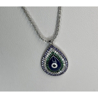 Silver Plated CZ Evil Eye Necklace Intricate Teardrop Style Trendy Stunning Chic