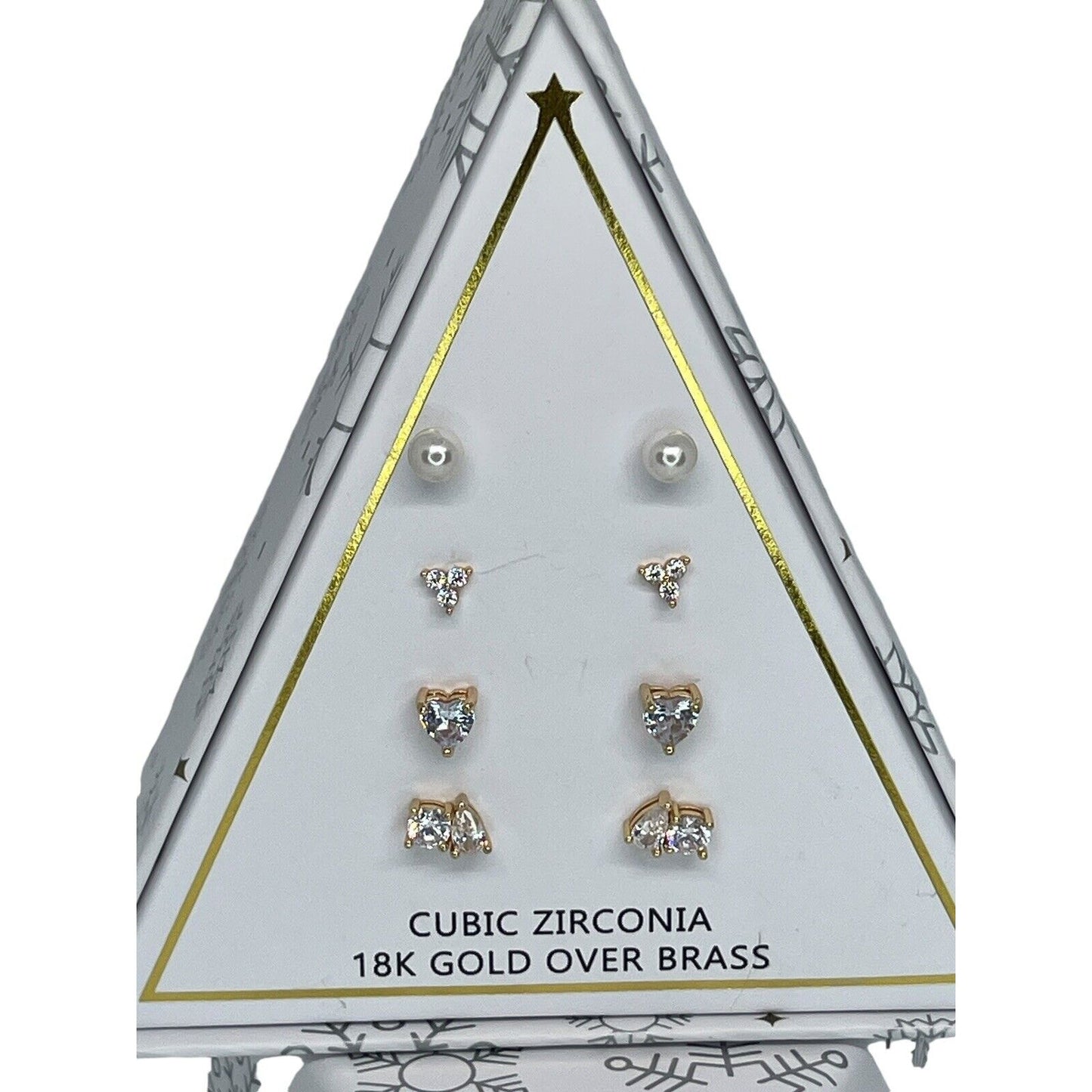 18K Gold Plate Faux Pearl CZ Earrings 4pc Set Xmas Ornament Box Elegant Chic NWT