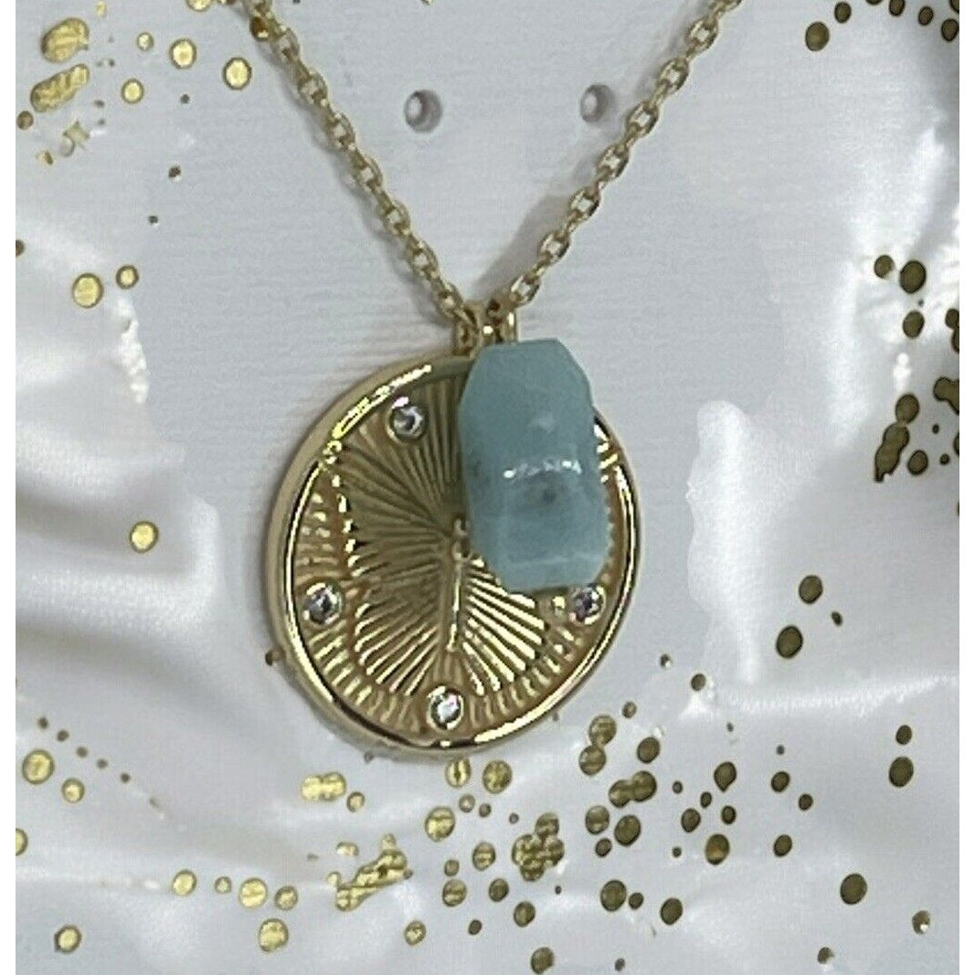 Unwritten Natural Amazonite 14K Gold Plated Necklace Butterfly Coin Pendant Chic