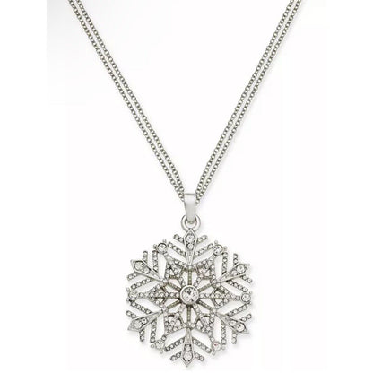 Silver Tone Crystal Snowflake Pendant Necklace 36” Christmas Holiday Stunning