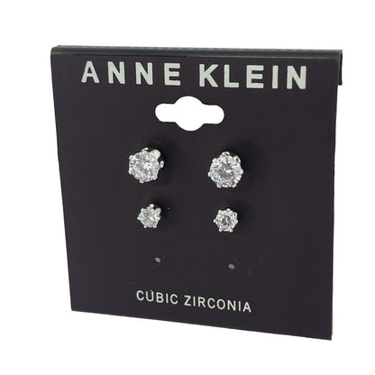 Anne Klein Silver Tone CZ Stud Earrings (2pc Set) Stunning Fashion Style Elegant