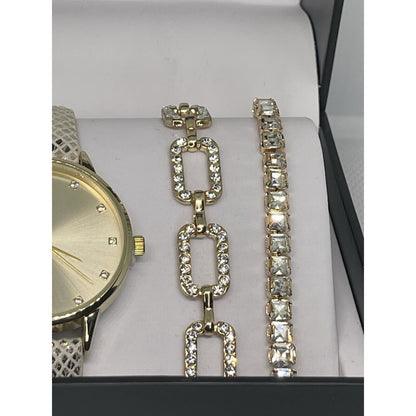 Gold Tone Snake Print Heart Bracelet Watch (3pc Set) Stunning Style Trendy Vday