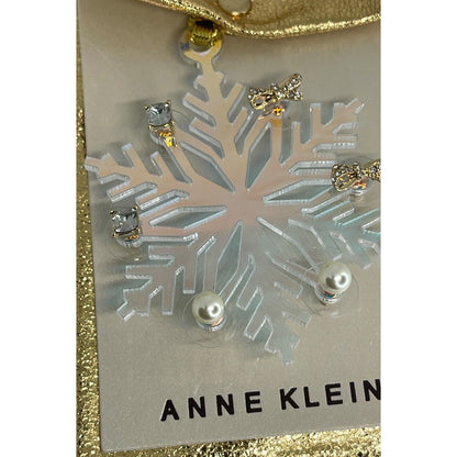 Anne Klein Xmas Gold Tone Earrings 3pc Set Snowflake Ornament Faux Pearl Bow NWT