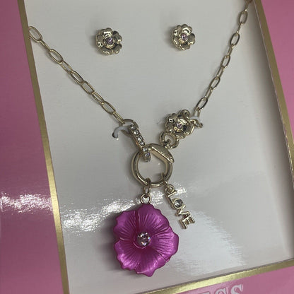 Guess Gold Tone Crystal Necklace Earrings (2pc Set) Floral Trendy Fashion Vday