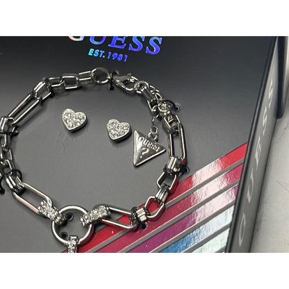 Guess Silver Tone Heart Charm Bracelet Earrings (3pc Set) Fashion Stylish Vday